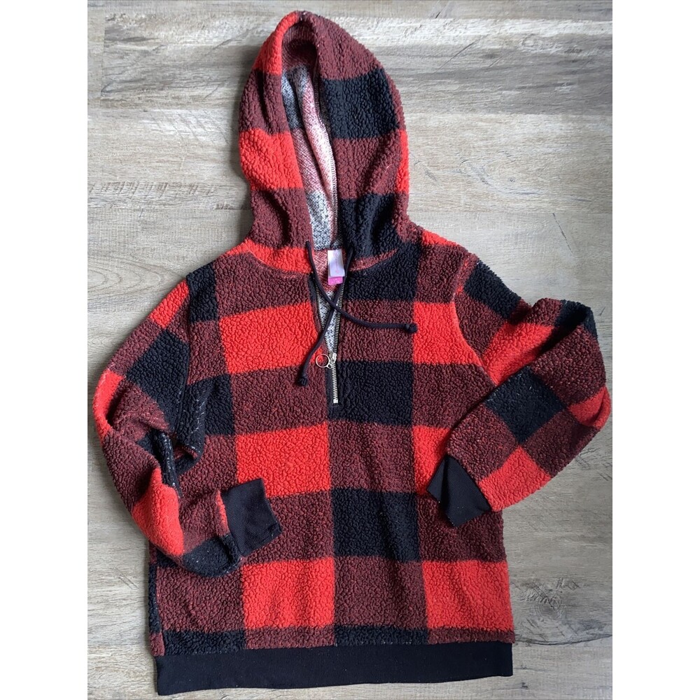 No Boundaries Large Red Checker 1/4 Zip Pullover